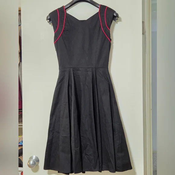 Hearts & Roses Black+Red Retro Inspired Pin Up Style Dress Bikercore Bow Size XS - Picture 5 of 14